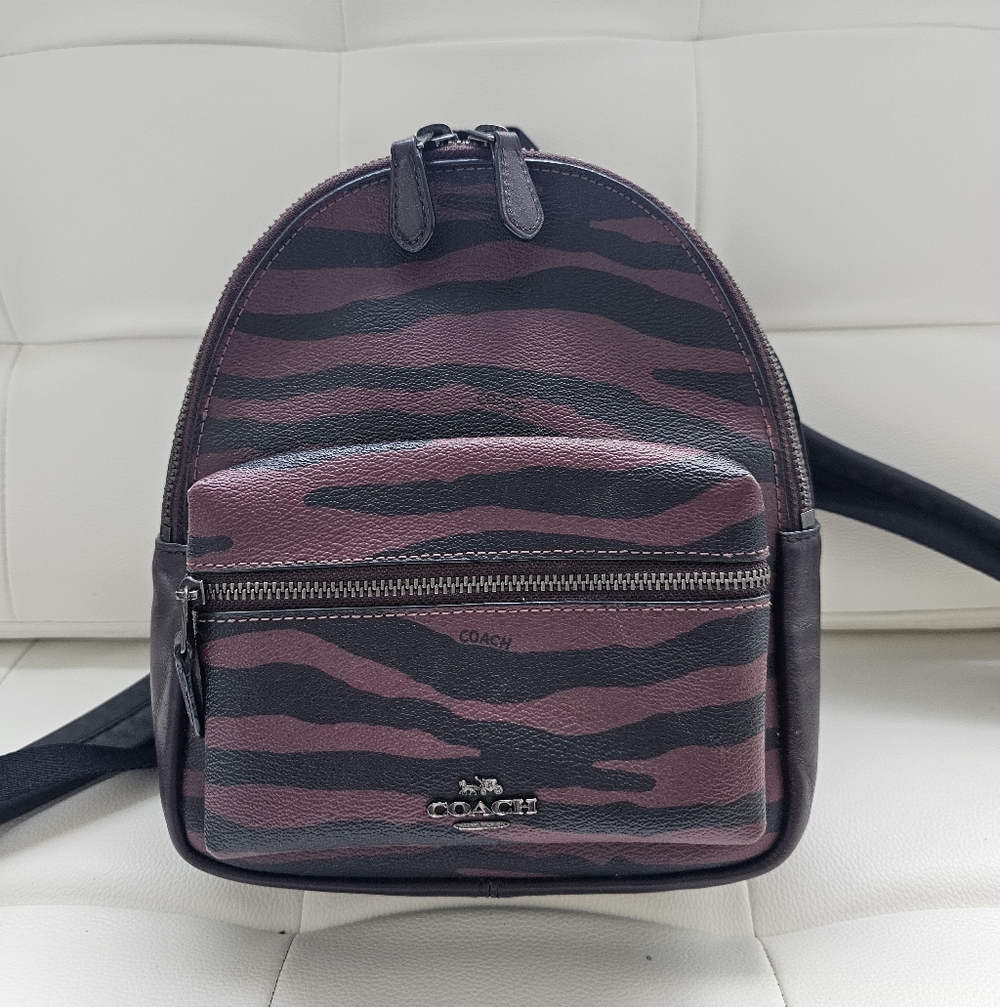 Authentic Coach Small Zebra Stripe Leather Mini Backpack - Burgundy & Black